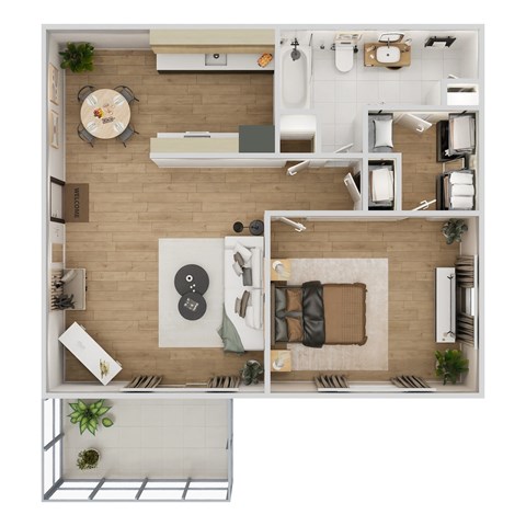 Floor plan for 1 bed, 1 bath, 672 sqft